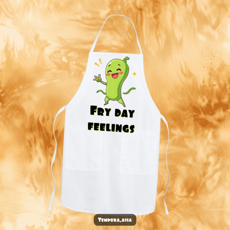 Funny green bean tempura character striking a dramatic pose on a kitchen apron, adding humor to cooking and baking tasks.