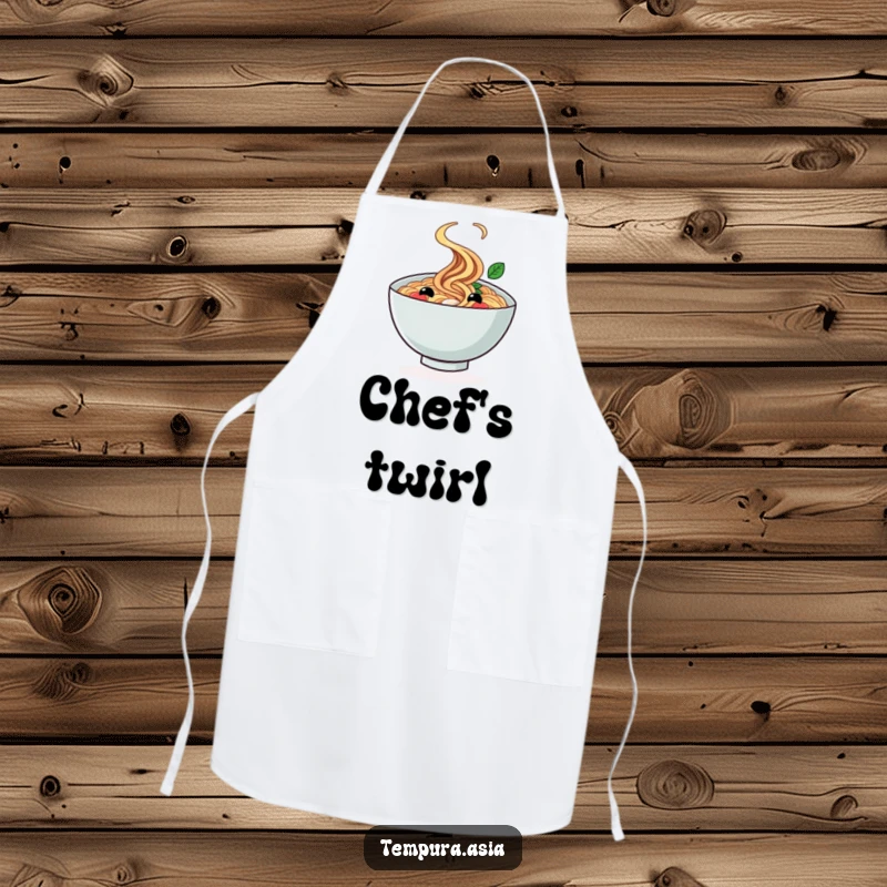 Funny ramen bowl apron with a smiling face doing a cheerful twirl, perfect for a fun cooking experience.