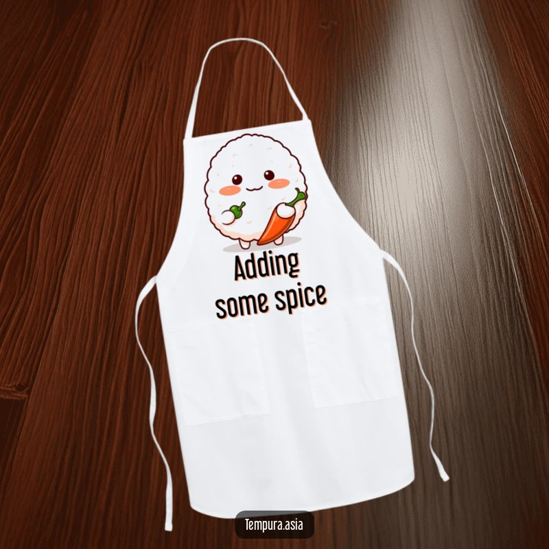 Funny blushing rice ball character shyly offering a small chili pepper on a kitchen apron, adding cute and humorous flair.