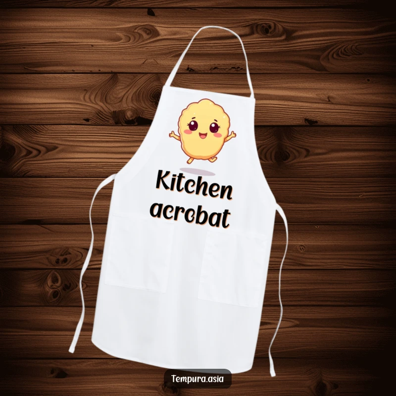 Funny tempura piece apron with cheerful eyes doing a playful hop, perfect for a fun cooking session.