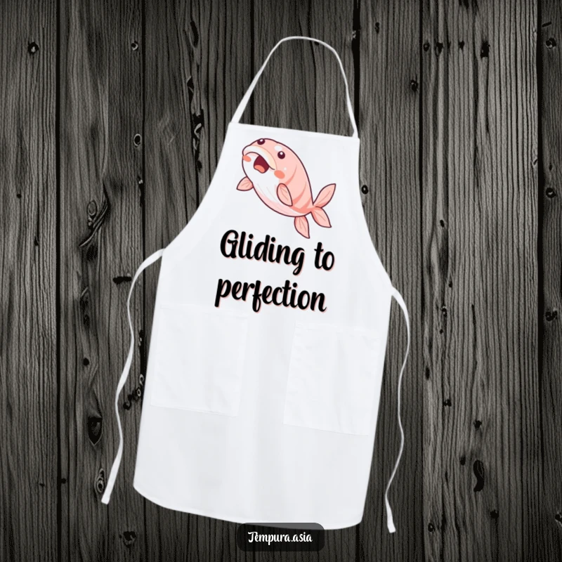 Funny unagi apron featuring a beaming eel slice gracefully gliding, designed for kitchen fun and elegance.
