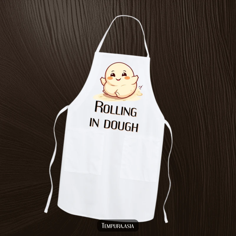 Funny dumpling character apron with a wide grin rolling downhill, perfect for a fun cooking experience.