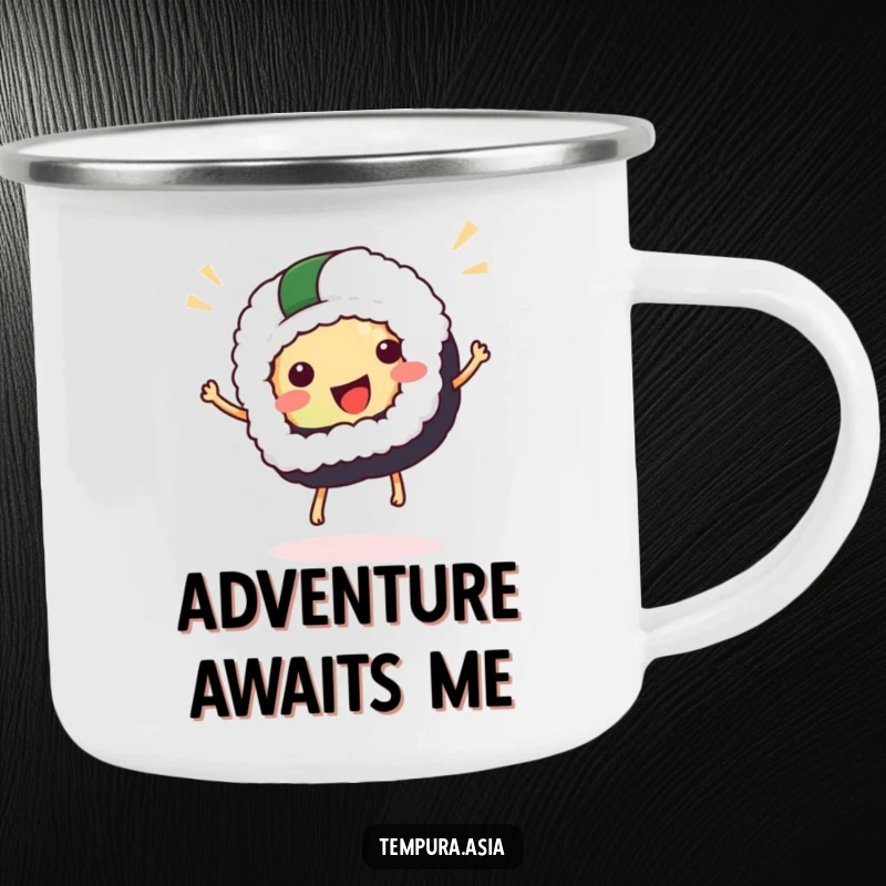 Funny sushi camping mug featuring a joyful sushi piece doing a celebrating hop, durable for outdoor use and gifting.