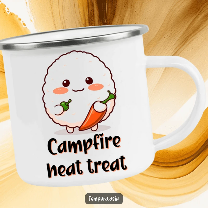 Funny blushing rice ball character shyly offering a small chili pepper on a camping mug, bringing cute humor to outdoor trips.