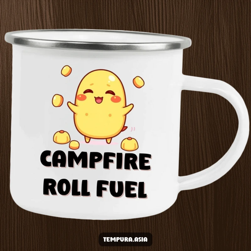 Funny tamagoyaki character giggling while juggling rice balls on a camping mug, bringing humor to outdoor adventures.