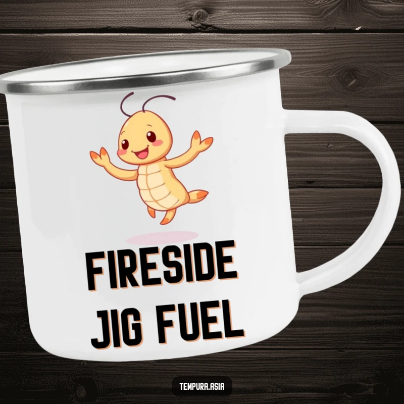 Funny smiling tempura shrimp character doing a cheerful jig on a camping mug, bringing playful humor to outdoor trips.