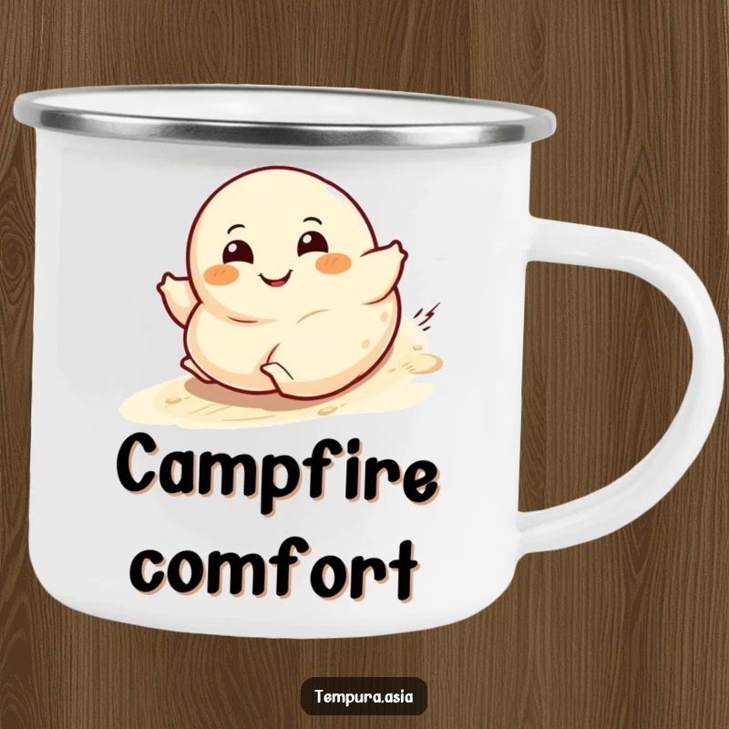 Funny dumpling character camping mug with a wide grin rolling downhill, perfect for outdoor enjoyment.