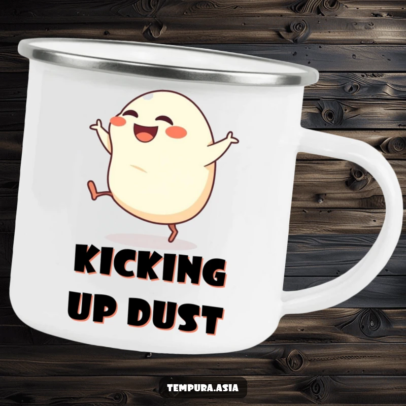 Funny gyoza camping mug featuring a grinning dumpling with tiny legs kicking enthusiastically, perfect for outdoor use.