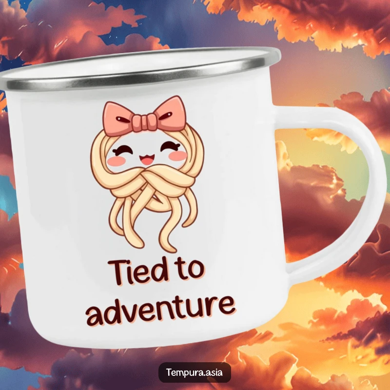 Funny udon camping mug featuring a cheerful noodle tying itself into a playful bow, perfect for outdoor use.