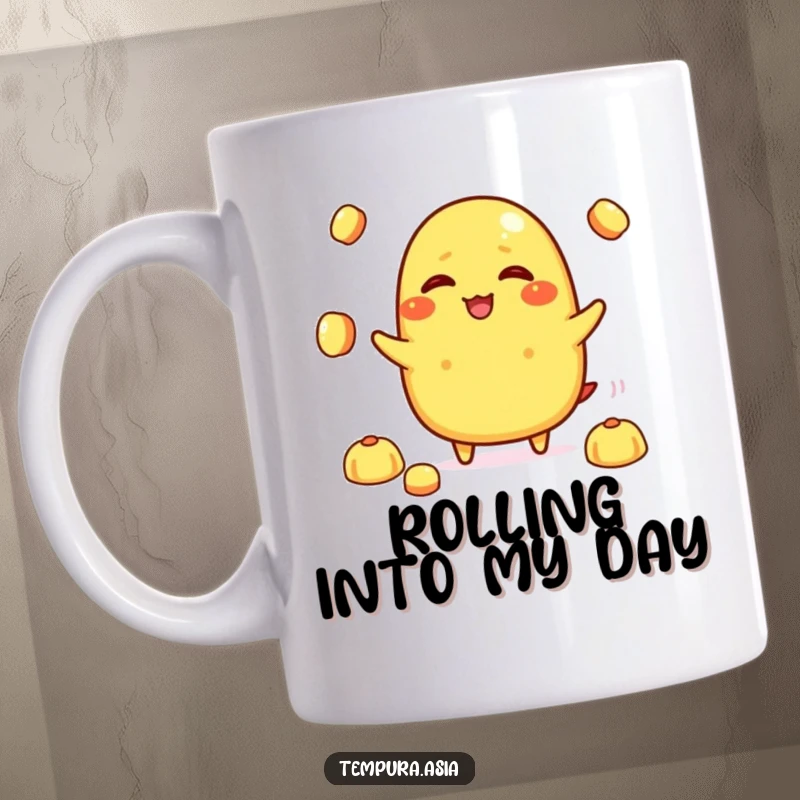Funny tamagoyaki character giggling while juggling tiny rice balls on a mug, a whimsical and humorous food design.