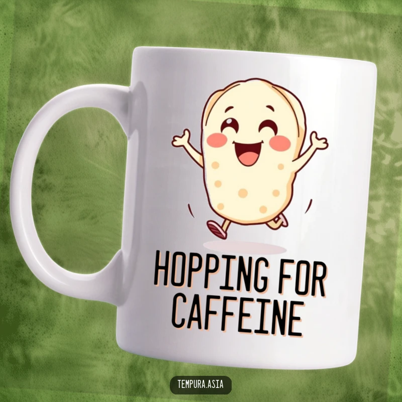 Funny gyoza piece mug with a cheerful character hopping with excitement, a delightful breakfast companion.