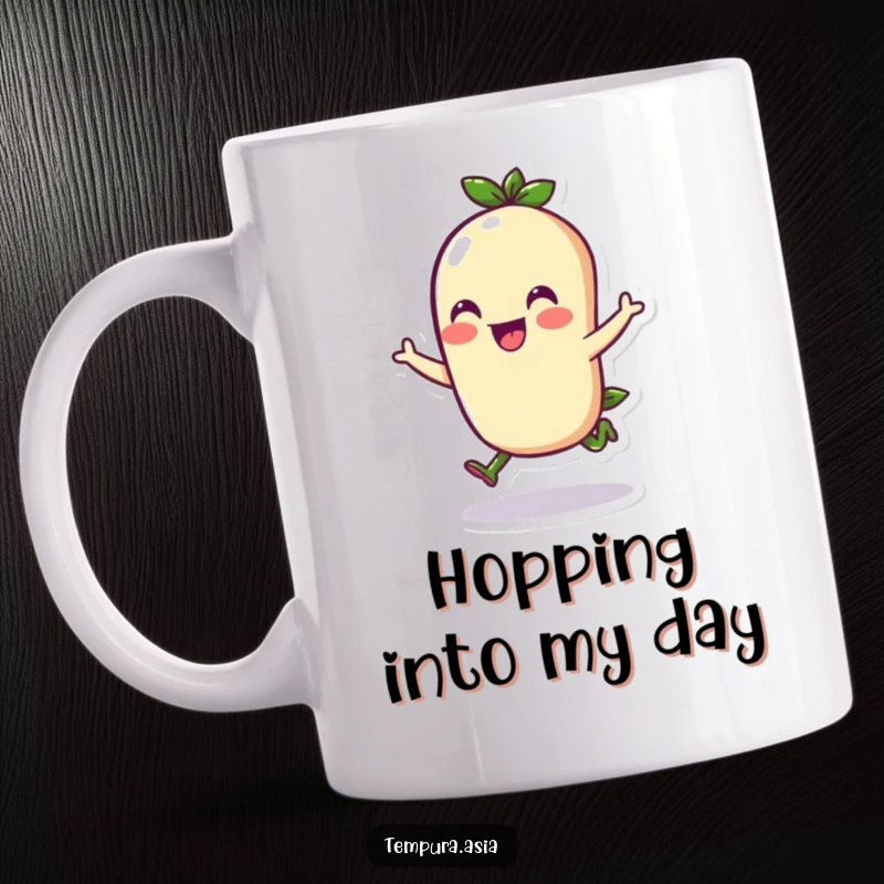 Funny edamame character doing a cheerful hop on a mug, showcasing playful energy and happy food vibes.