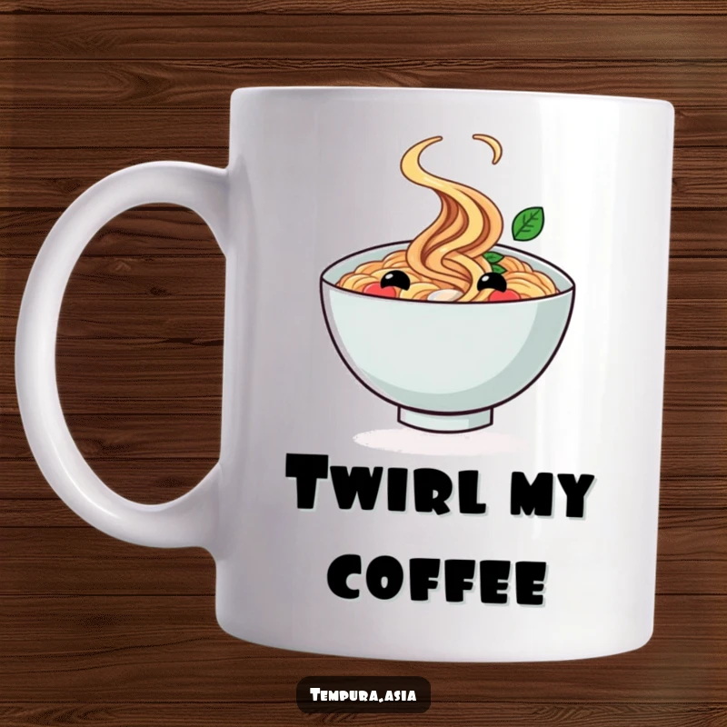Funny ramen bowl mug with a smiling face doing a cheerful twirl, a delightful breakfast companion.