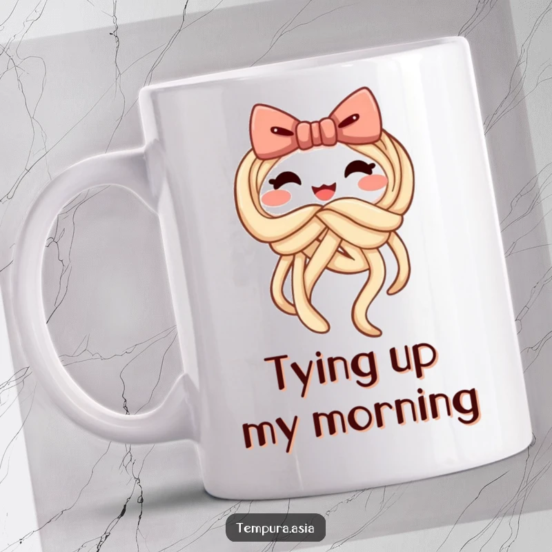 Funny udon noodle mug featuring a cheerful noodle knotting itself into a playful bow, perfect for pasta lovers.