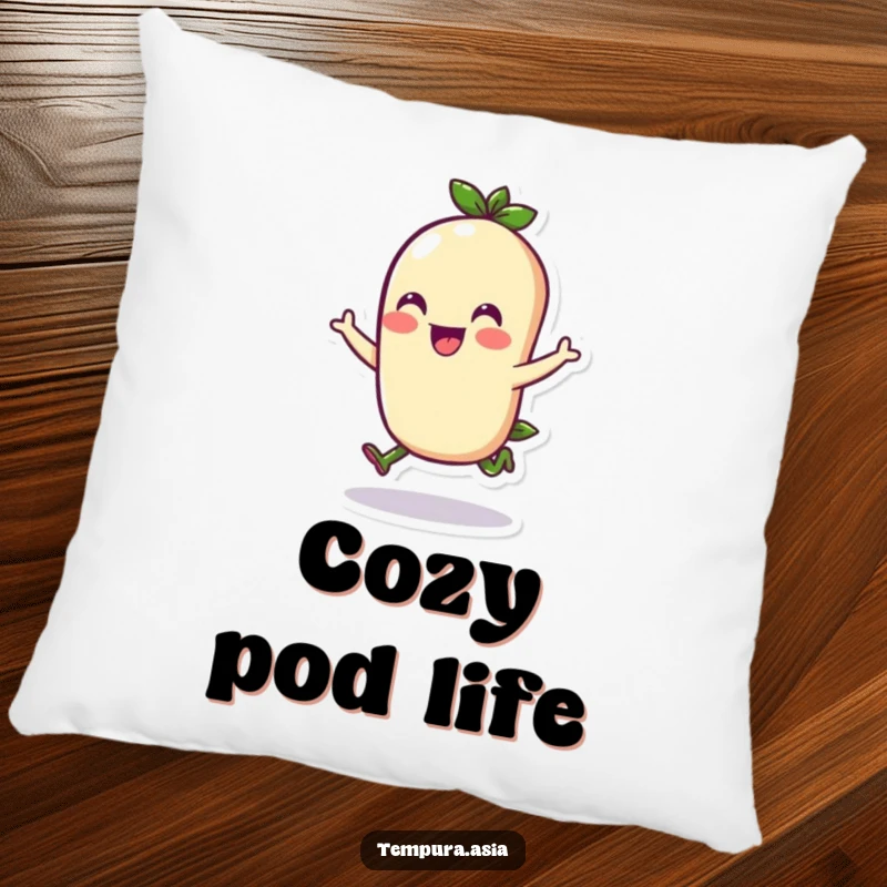 Funny edamame character doing a cheerful hop on a soft pillow, perfect for adding humorous comfort to decor.