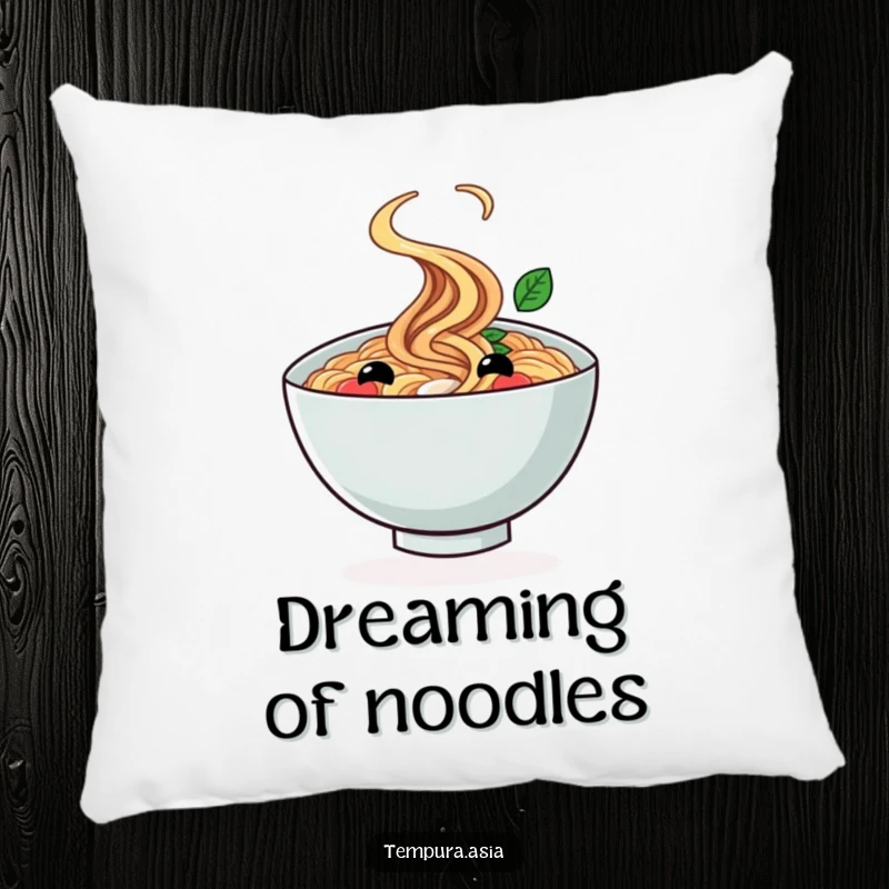 Funny ramen bowl pillow with a smiling face doing a cheerful twirl, adding comfort and humor to any space.