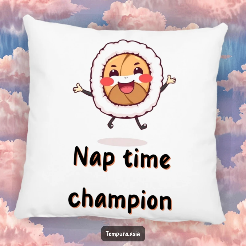 Funny sushi roll pillow featuring a smiling dancer with tiny legs, adding comfort and humor to any living space.