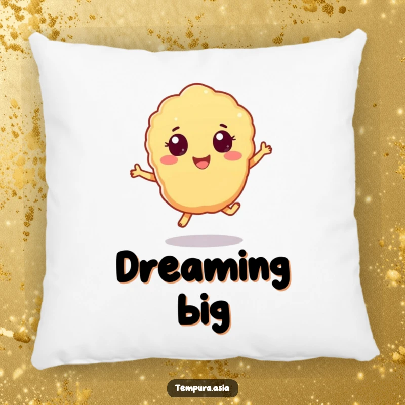 Funny tempura piece pillow with cheerful eyes doing a playful hop, adding comfort and humor to any space.