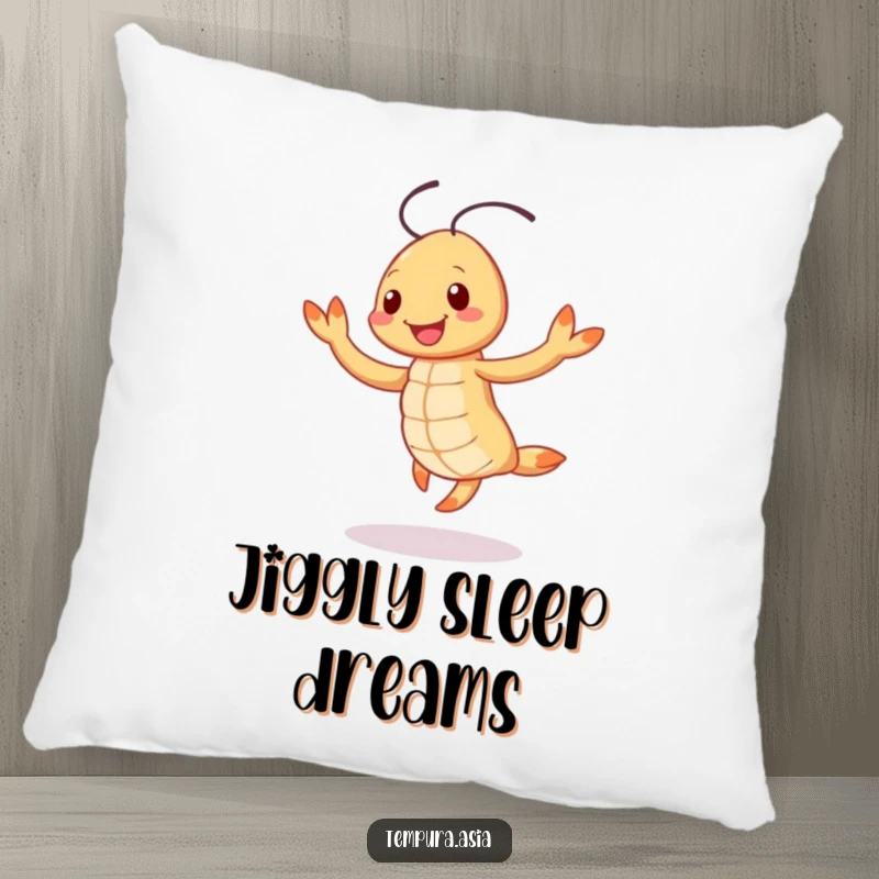 Funny smiling tempura shrimp character doing a cheerful jig on a soft pillow, perfect for adding humorous comfort.