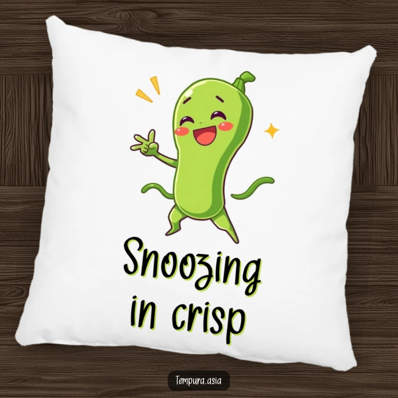Funny green bean tempura character in a dramatic pose, featured on a soft pillow for humorous and comfortable home decor.