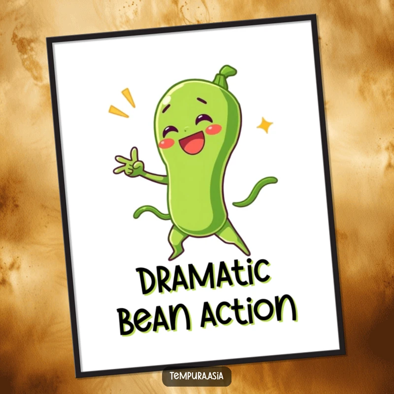 Funny green bean tempura character striking a dramatic pose in a digital art print, perfect for instant humorous wall decor.