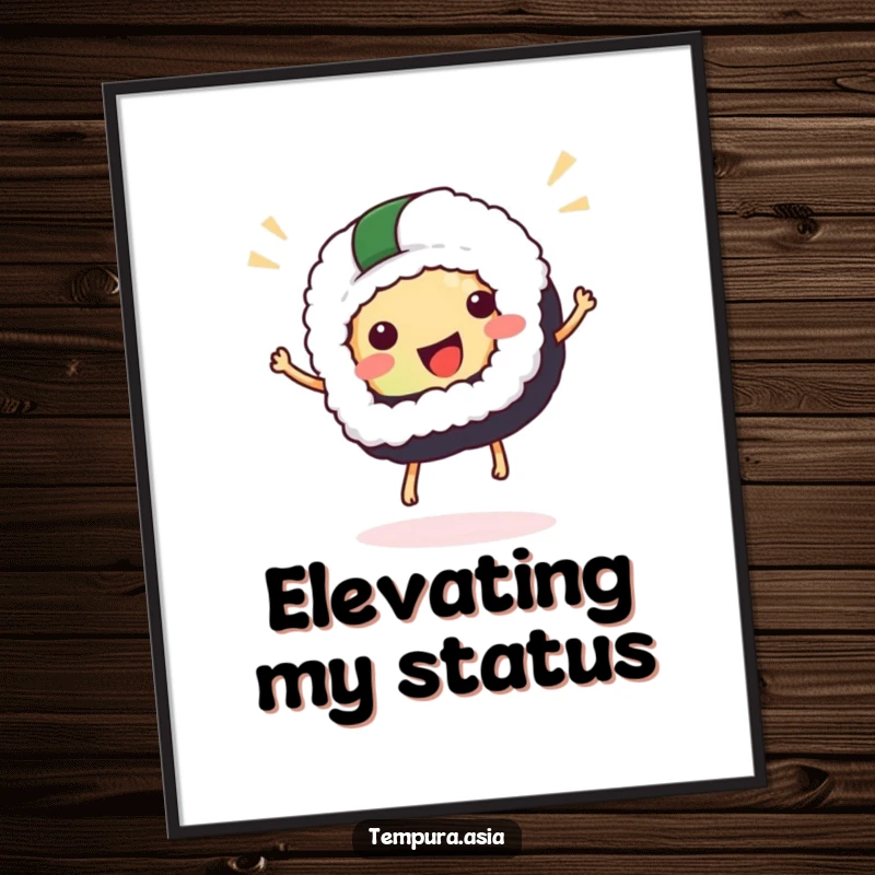 Funny sushi digital art print of a gleeful sushi piece performing a celebratory hop, perfect for instant home or office decor.