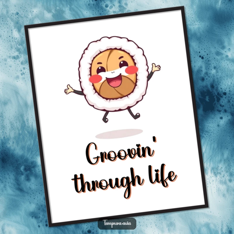Funny sushi roll digital art print of a smiling character with tiny legs joyfully dancing, for instant wall decor.