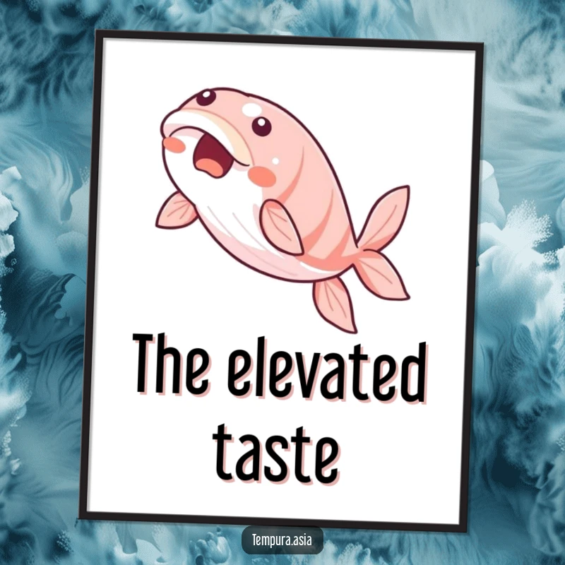 Funny unagi digital art print of a beaming eel slice gracefully gliding through the air, perfect for instant decor.