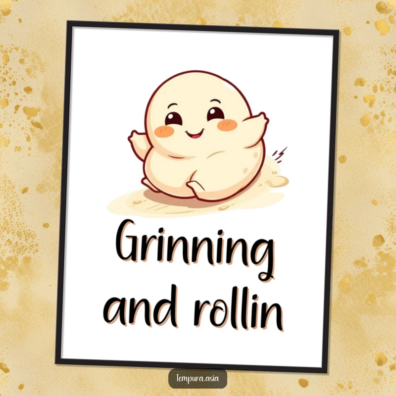 Funny dumpling character digital art print with a wide grin rolling downhill, for instant cheerful decor.