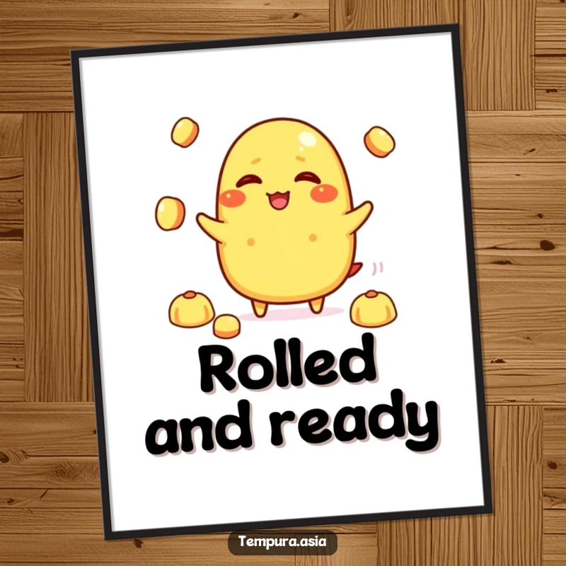 Funny tamagoyaki character giggling while juggling tiny rice balls in a digital art print, perfect for instant whimsical decor.