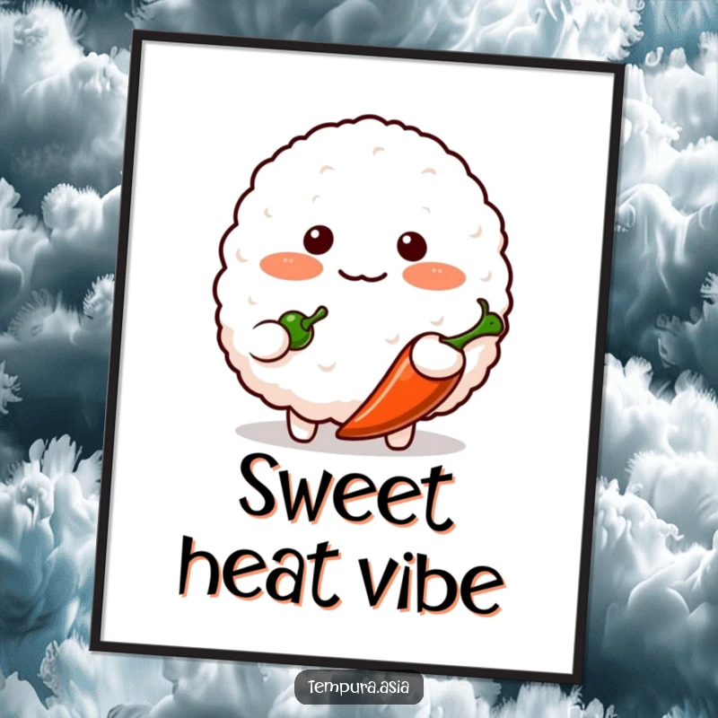 Funny blushing rice ball character shyly offering a small chili pepper in a digital art print, perfect for instant cute decor.