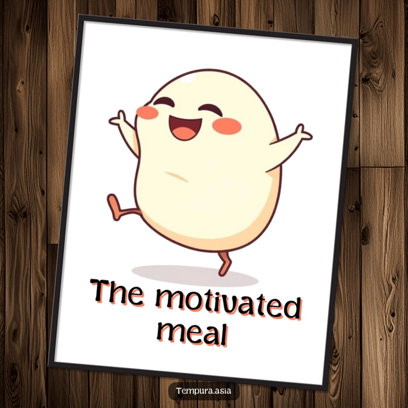 Funny gyoza digital art print of a grinning dumpling with tiny legs kicking enthusiastically, perfect for instant decor.