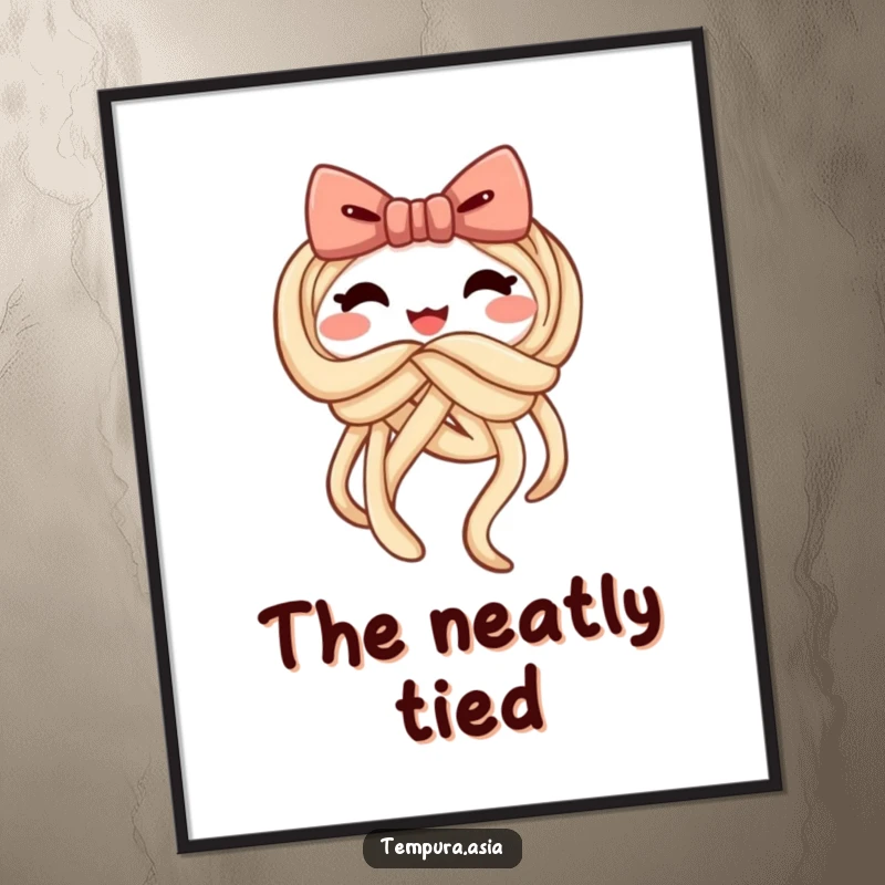 Funny udon digital art print of a cheerful noodle tying itself into a playful bow, perfect for instant decor.