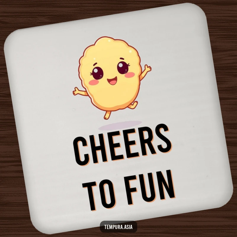 Funny tempura piece coasters with cheerful eyes doing a playful hop, adding humor to table settings.