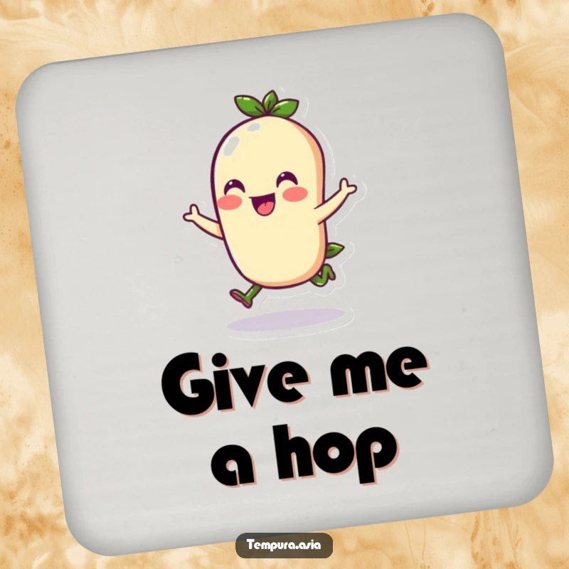 Funny edamame character doing a cheerful hop on a drink coaster, adding cheerful humor to tabletops.