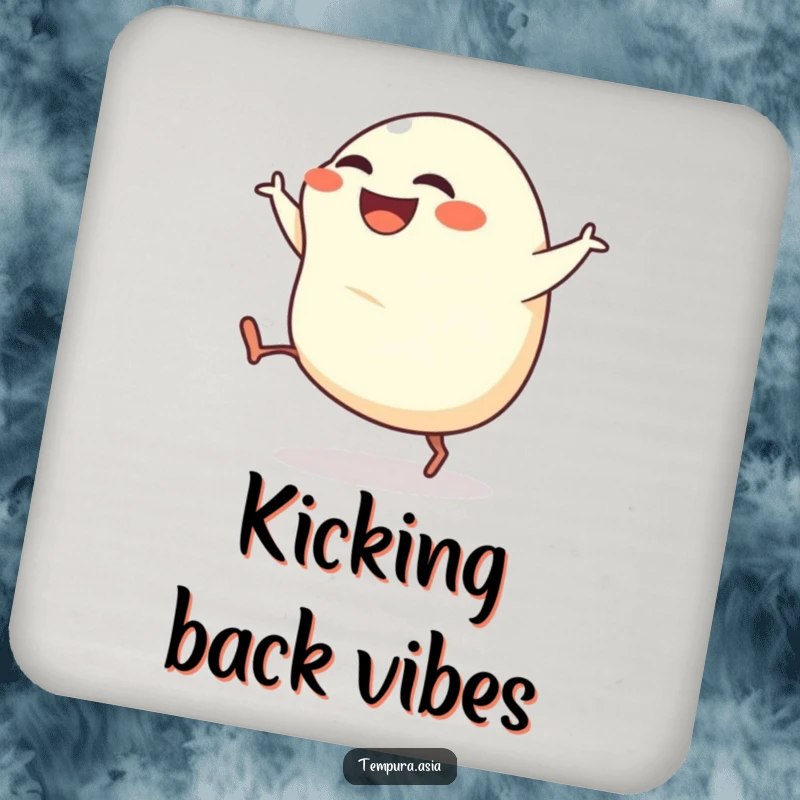 Funny gyoza drink coaster featuring a grinning dumpling with tiny legs kicking energetically, perfect for table protection.