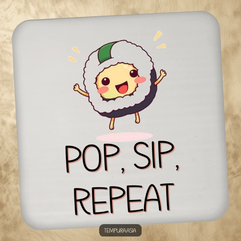 Funny sushi drink coaster featuring a cheerful sushi piece enthusiastically hopping, adding humor to table protection.