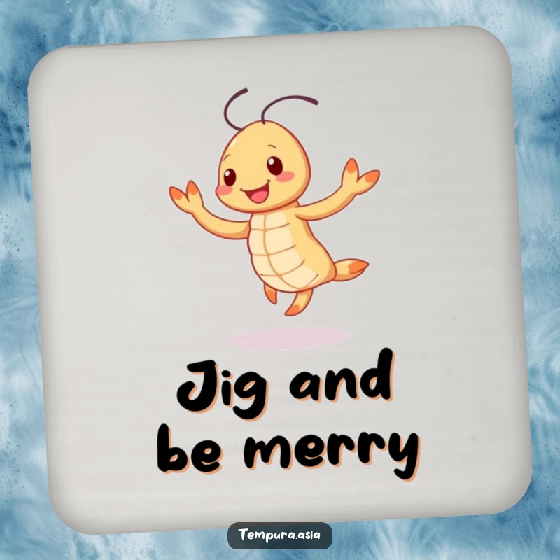 Funny smiling tempura shrimp character doing a cheerful jig on a drink coaster, adding cheerful humor to tabletops.