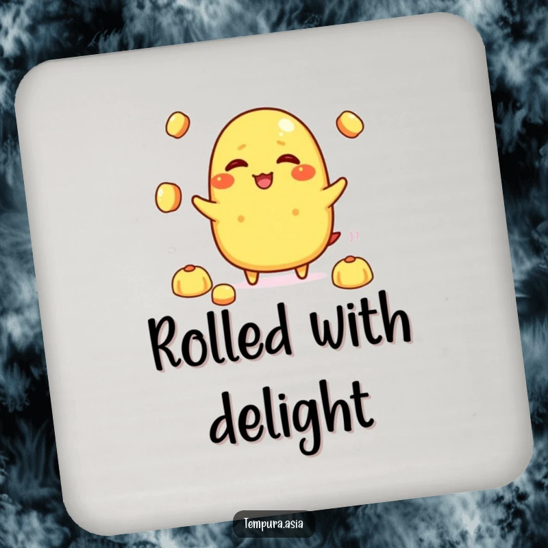 Funny tamagoyaki character giggling while juggling rice balls on a drink coaster, adding a touch of humor to tabletops.