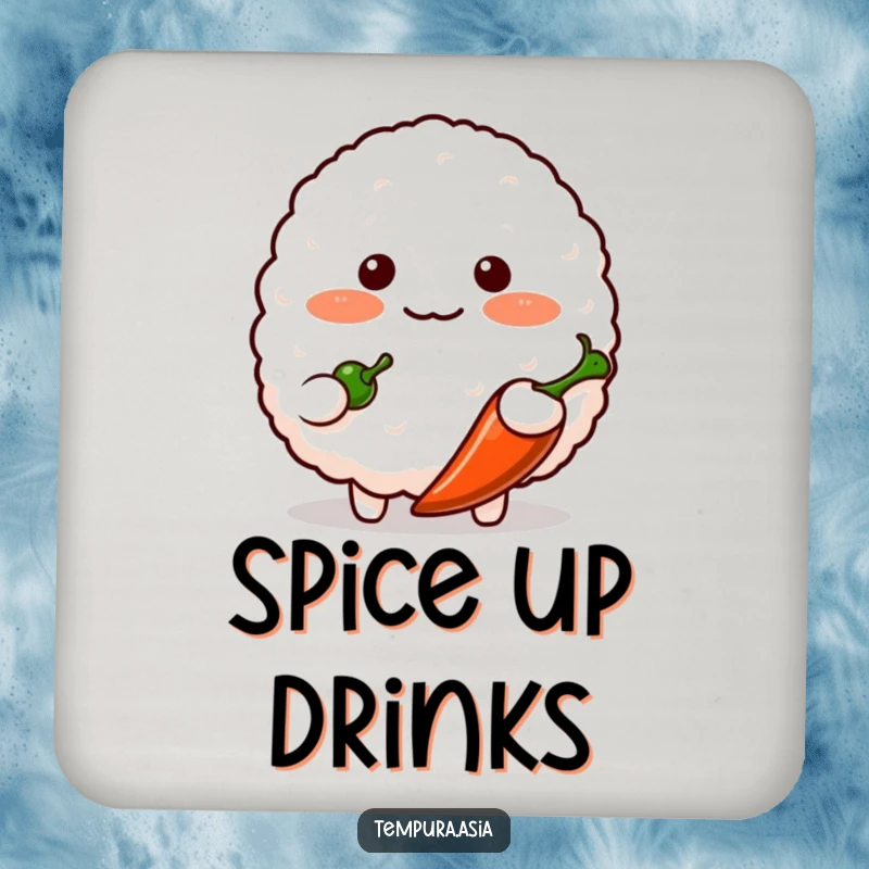 Funny blushing rice ball character shyly offering a small chili pepper on a drink coaster, adding cute humor to tabletops.