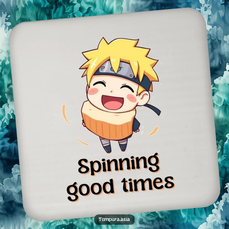 Funny narutomaki drink coaster featuring a happy grinning slice in a fun spin, perfect for table protection and decor.