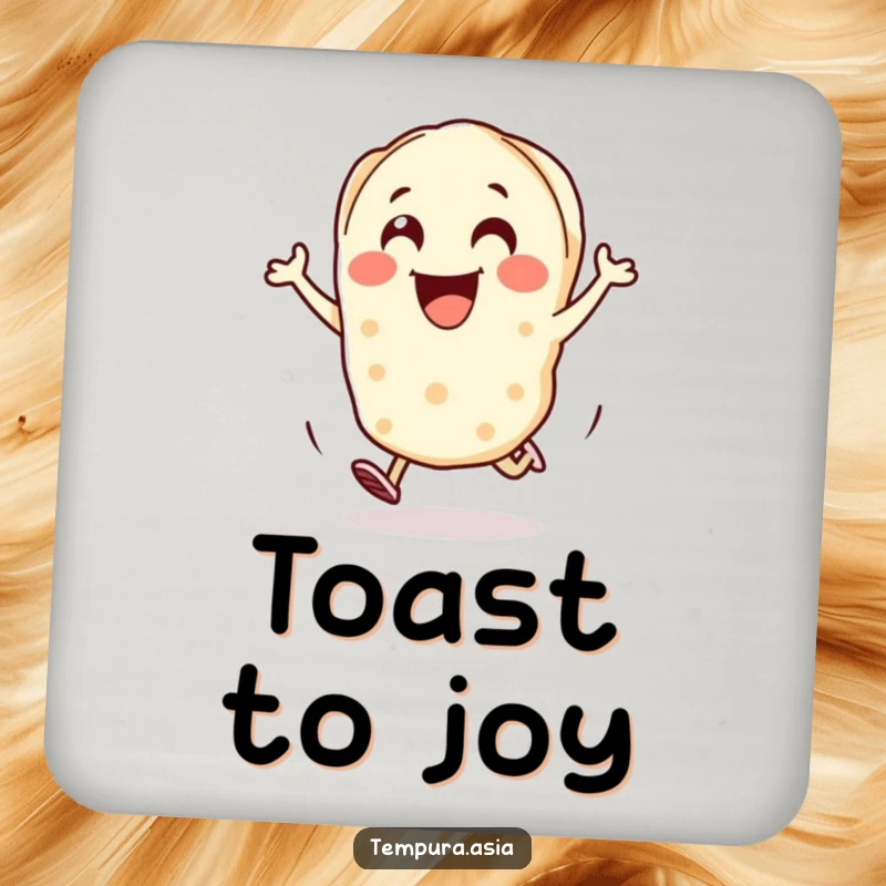 Funny gyoza piece coasters with a cheerful character hopping with excitement, adding humor to table settings.