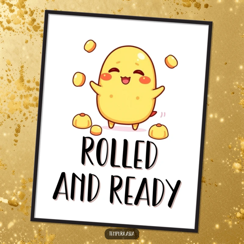 Funny tamagoyaki character giggling and juggling tiny rice balls on a poster, adding whimsical and humorous food art.