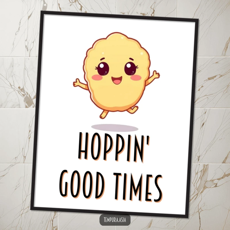 Funny tempura piece poster showing cheerful eyes doing a playful hop, a whimsical wall decoration.