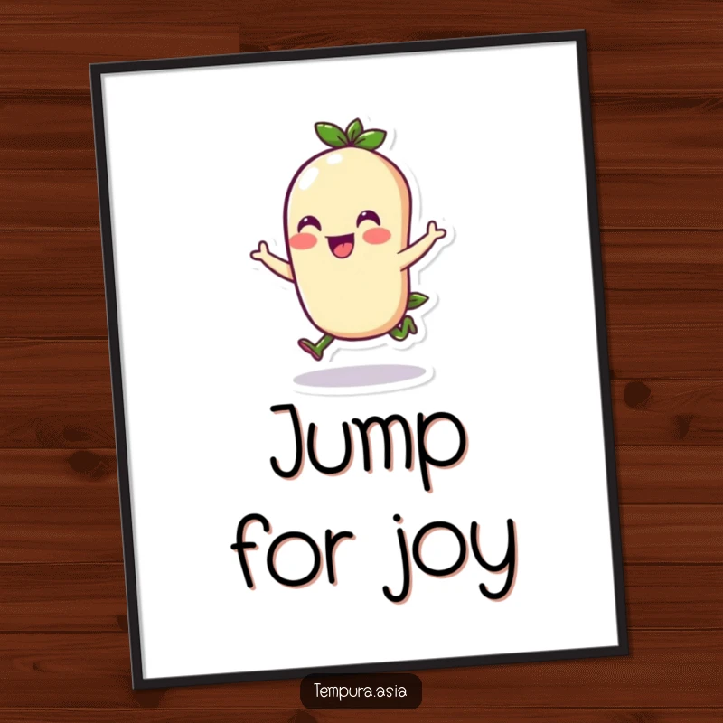 Funny edamame character doing a cheerful hop on a poster, adding whimsical and humorous food art to walls.