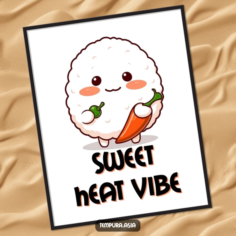 Funny blushing rice ball character shyly offering a small chili pepper on a poster, adding sweet and humorous wall decor.