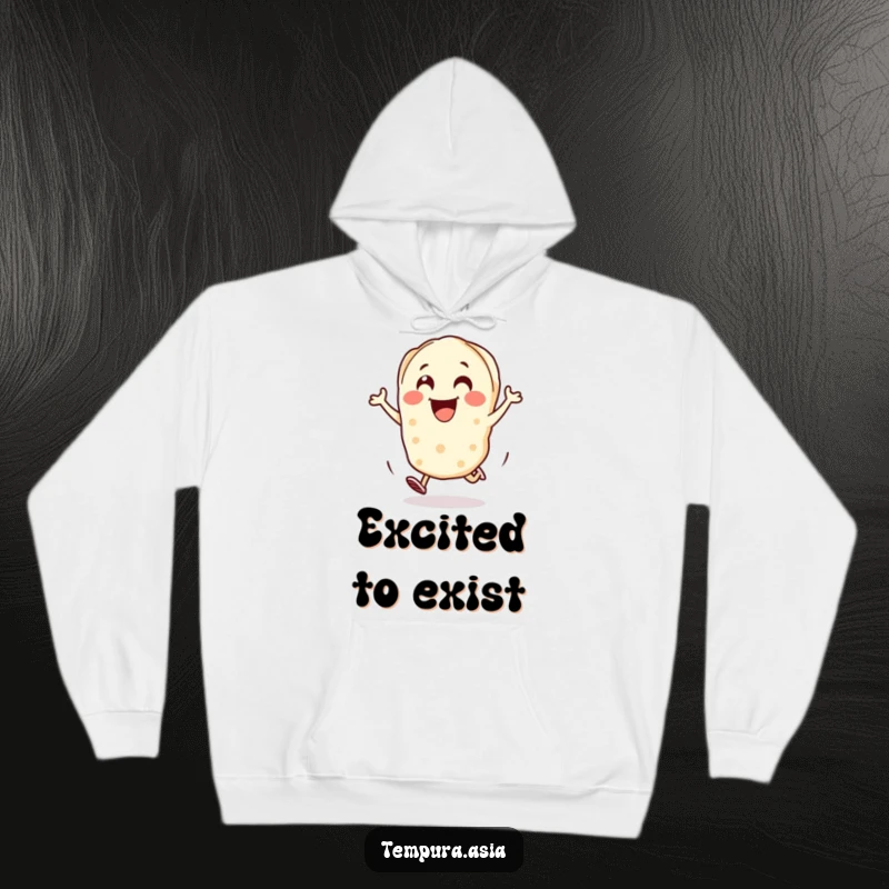 Funny gyoza piece hoodie with a cheerful character hopping with excitement, ideal for staying warm and amused.