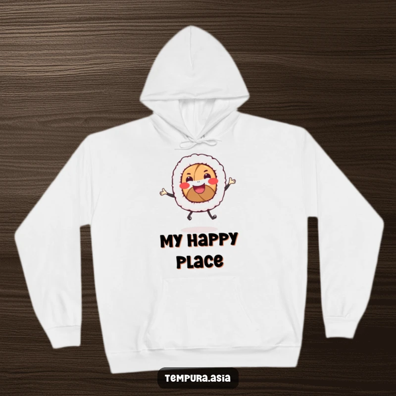 Funny sushi roll hoodie featuring a smiling character with tiny legs joyfully dancing, perfect for staying warm and amused.