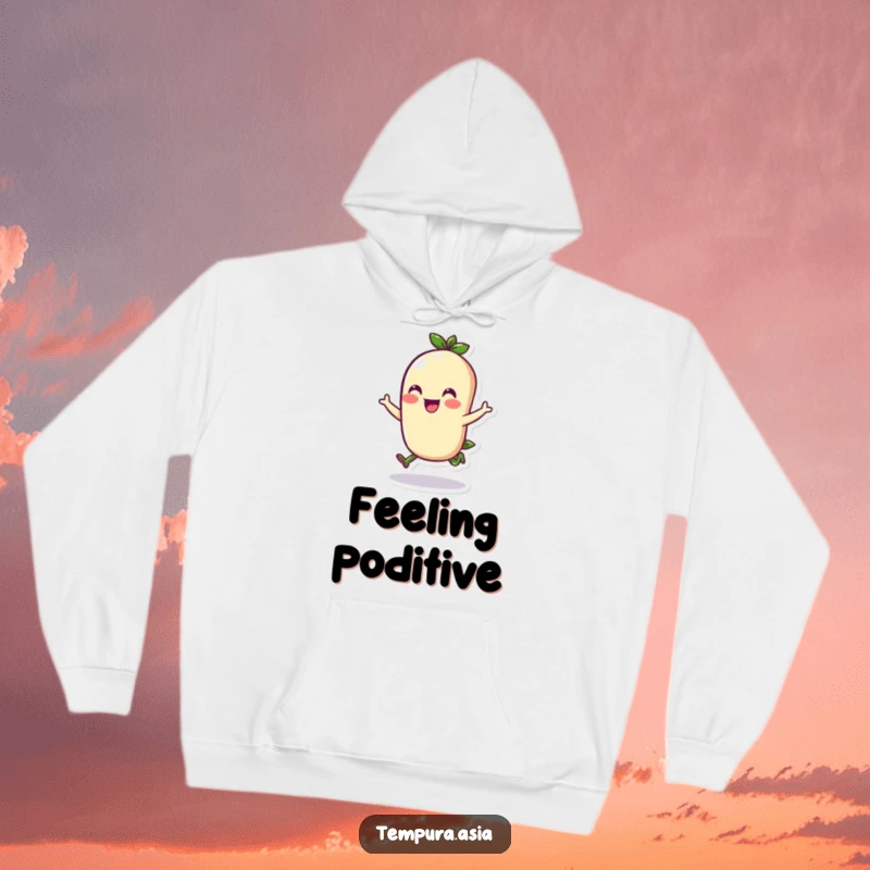 Funny edamame character doing a cheerful hop on a warm hoodie, ideal for spreading joy and humorous comfort.