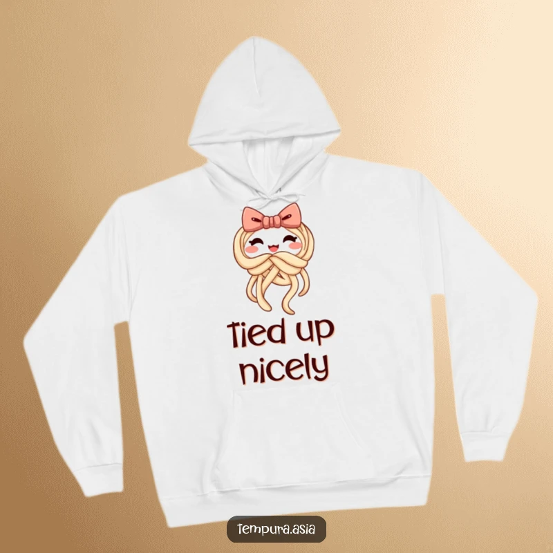 Funny udon hoodie featuring a cheerful noodle knotting itself into a playful bow, offering warmth and humor.